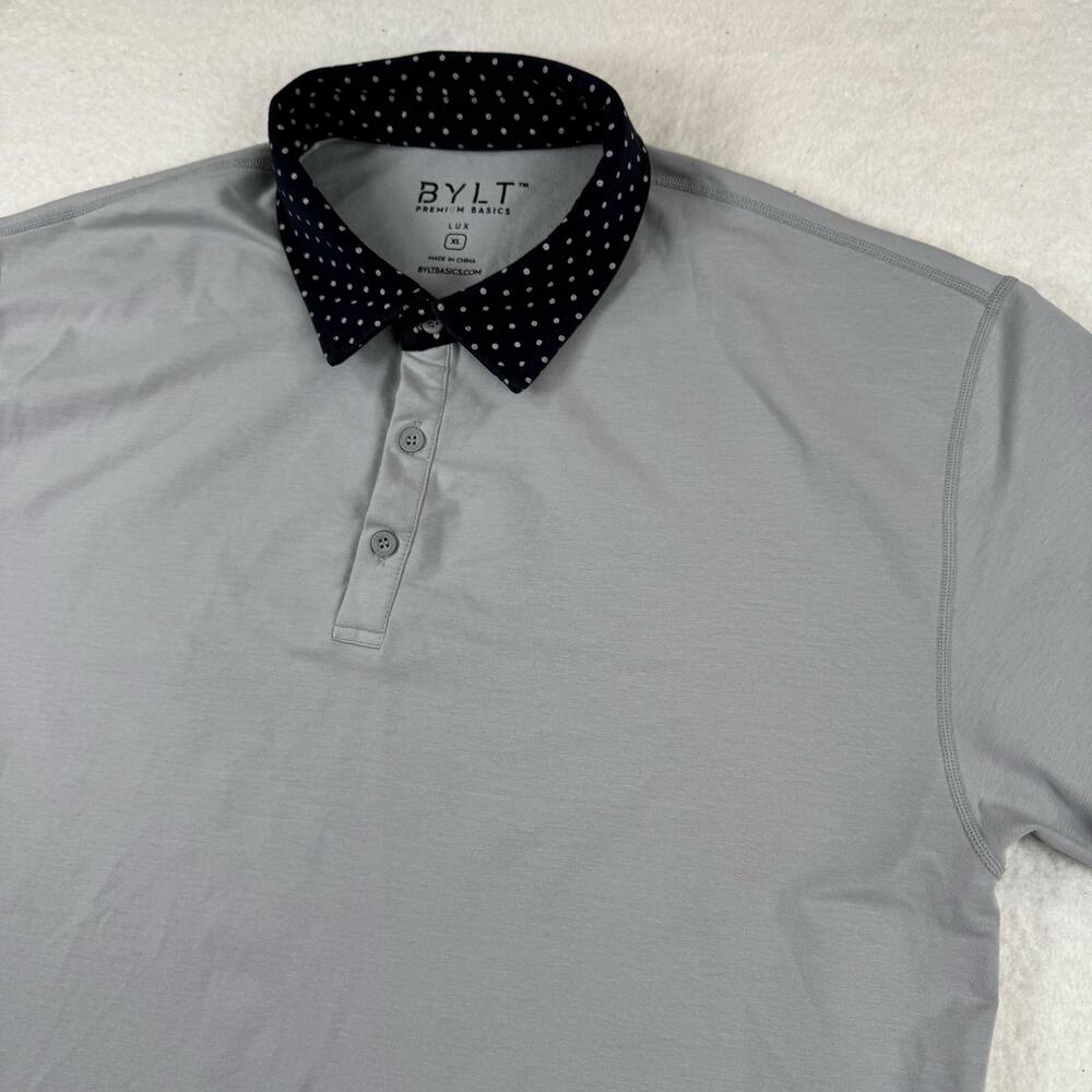 BYLT Polo Shirt Mens Size XL Gray LUX Contrast Dot Collar Stretch Casual Summer